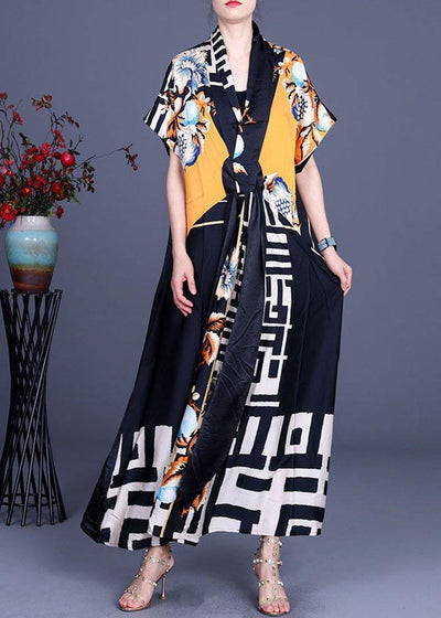 Comfy Black Print Patchwork Silk Robe Dresses Summer - SooLinen