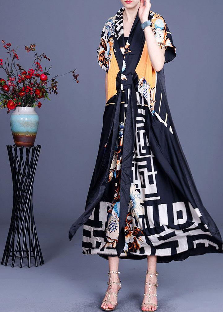 Comfy Black Print Patchwork Silk Robe Dresses Summer - SooLinen