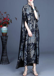 Comfy Black Print Summer Silk side open Dress - SooLinen