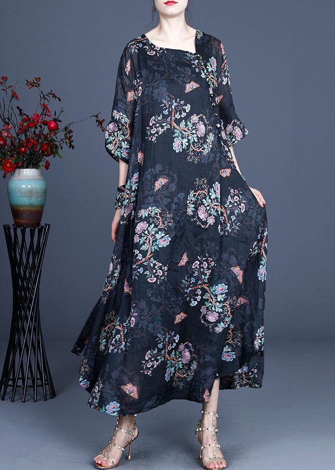 Comfy Black Retro Print Oriental Summer Chiffon Summer Dress - SooLinen
