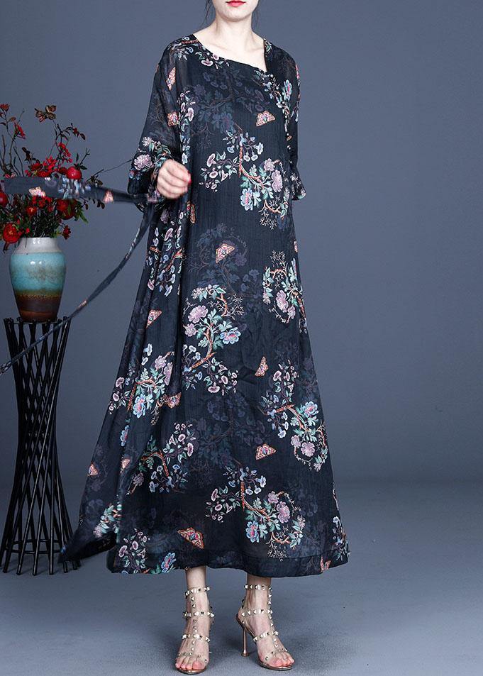 Comfy Black Retro Print Oriental Summer Chiffon Summer Dress - SooLinen