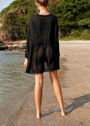 Comfy Black Ruffled Chiffon Long sleeve kimono robe  Vacation Dresses - SooLinen
