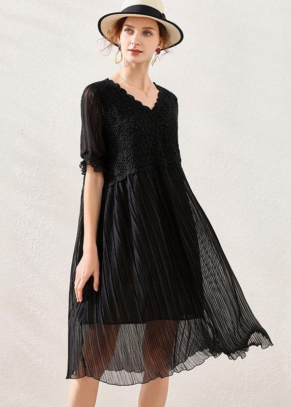 Comfy Black Wrinkled Patchwork Spring Short Sleeve Dress - SooLinen