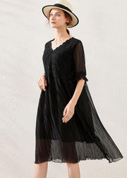 Comfy Black Wrinkled Patchwork Spring Short Sleeve Dress - SooLinen