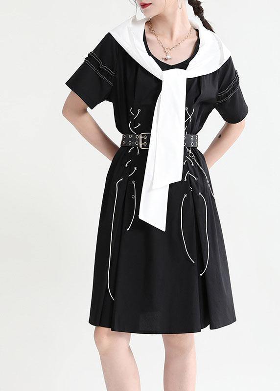 Comfy Black hooded Design Patchwork Summer Mini Dresses Short Sleeve - SooLinen