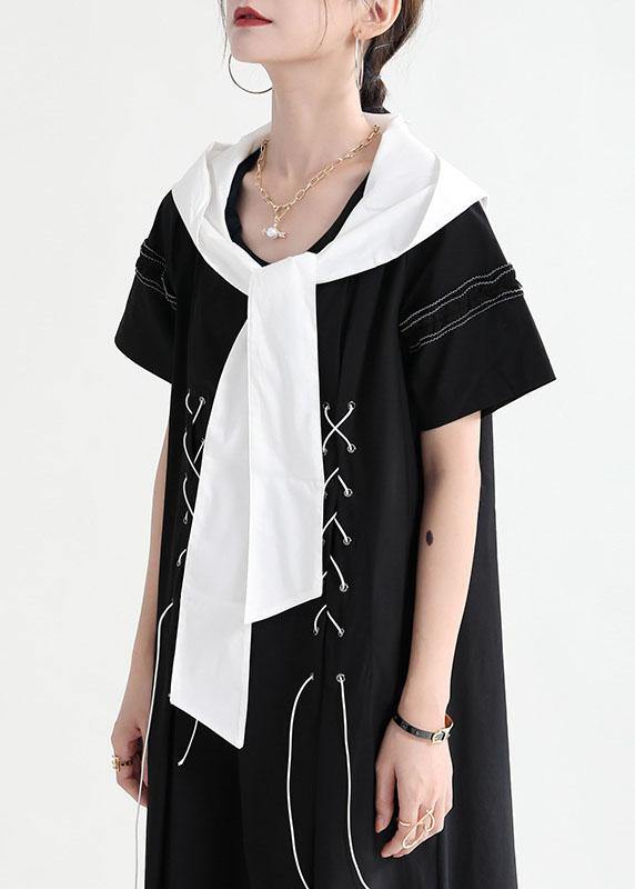 Comfy Black hooded Design Patchwork Summer Mini Dresses Short Sleeve - SooLinen