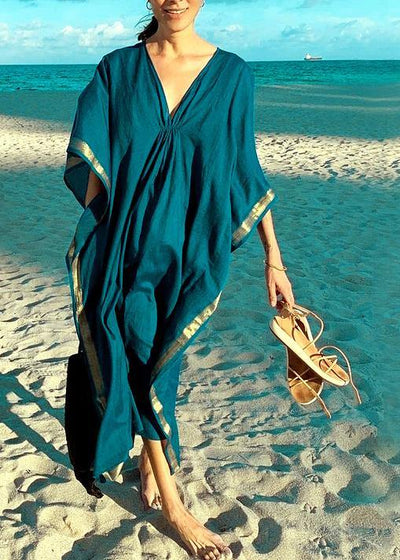 Comfy Blue Cinched Butterfly Sleeve Beach Gown Vacation Summer - SooLinen