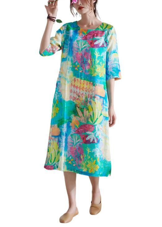 Comfy Blue O-Neck Patchwork Print Summer Ramie Party Dress - SooLinen