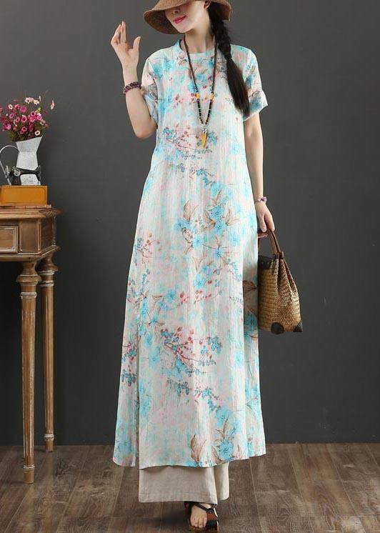 Comfy Blue Print Linen Short Sleeve Summer Vacation Dresses - SooLinen