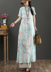 Comfy Blue Print Linen Short Sleeve Summer Vacation Dresses - SooLinen