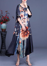 Comfy Blue Print asymmetrical design Half Sleeve Silk Summer Holiday Dress - SooLinen