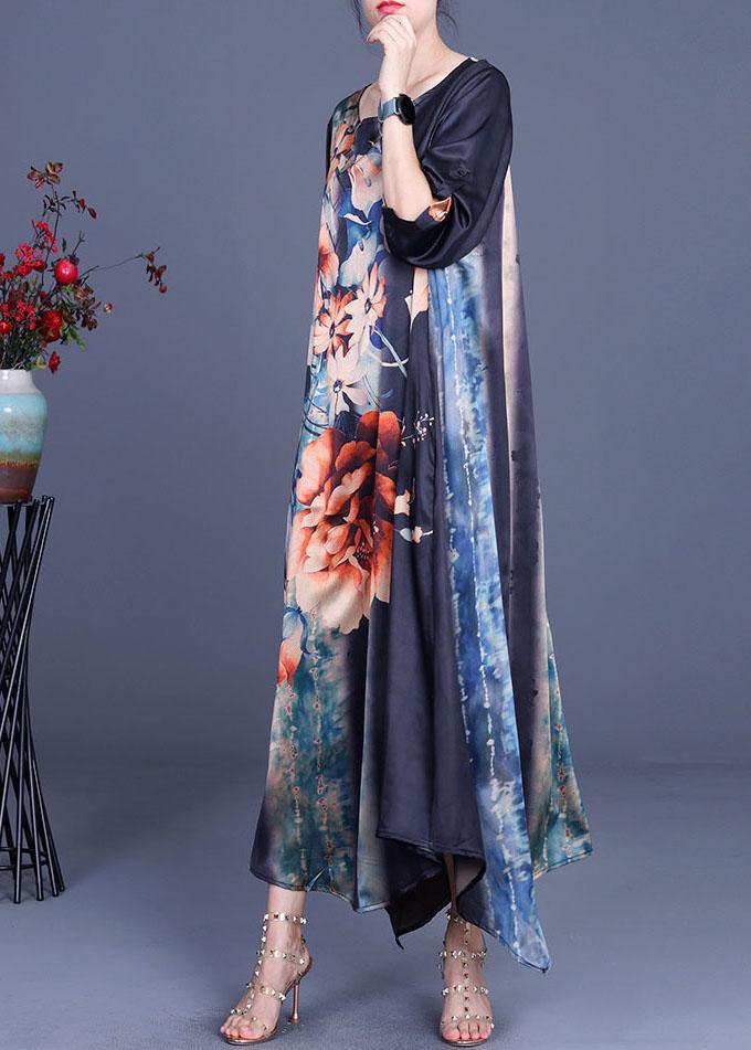 Comfy Blue Print asymmetrical design Half Sleeve Silk Summer Holiday Dress - SooLinen