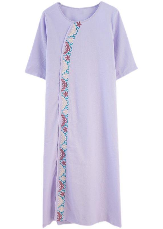 Comfy Comfy Light Purple Embroidery Cotton Linen Maxi Summer Dress - SooLinen