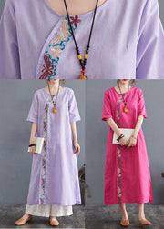 Comfy Comfy Light Purple Embroidery Cotton Linen Maxi Summer Dress - SooLinen