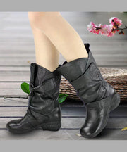 Comfy Cowhide Leather Boots Black Splicing Buckle Strap