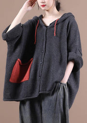 Comfy Dark Grey hooded Pockets Sweater Coat - SooLinen
