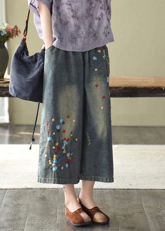 Comfy Grey Embroideried Wide Leg denim Pants For Women - SooLinen