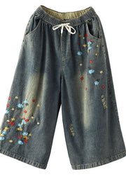 Comfy Dark color Embroideried Hole Wide Leg denim Pants - SooLinen
