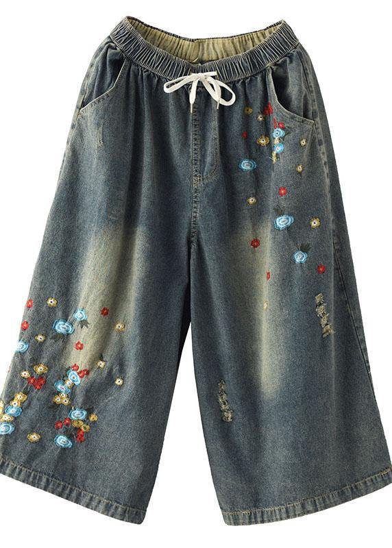Comfy Grey Embroideried Wide Leg denim Pants For Women - SooLinen