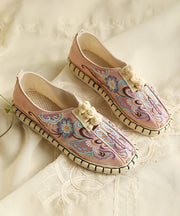 Comfy Flats Embroidered Buckle Strap Pink Linen Fabric Flat Shoes For Women