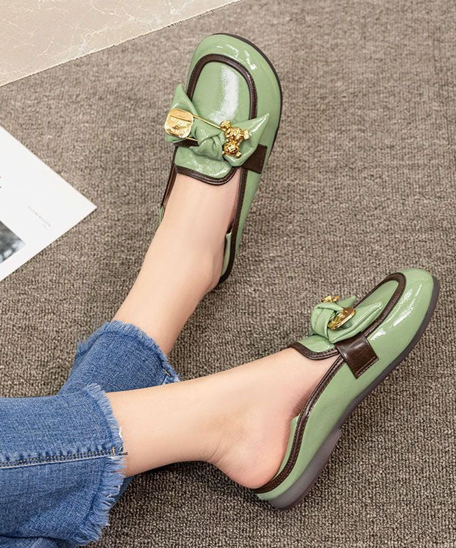 Comfy Green Faux Leather Splicing Bow Loafers For Women