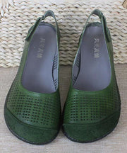 Comfy Green Flat Sandals Handmade Cowhide Leather Hollow Out
