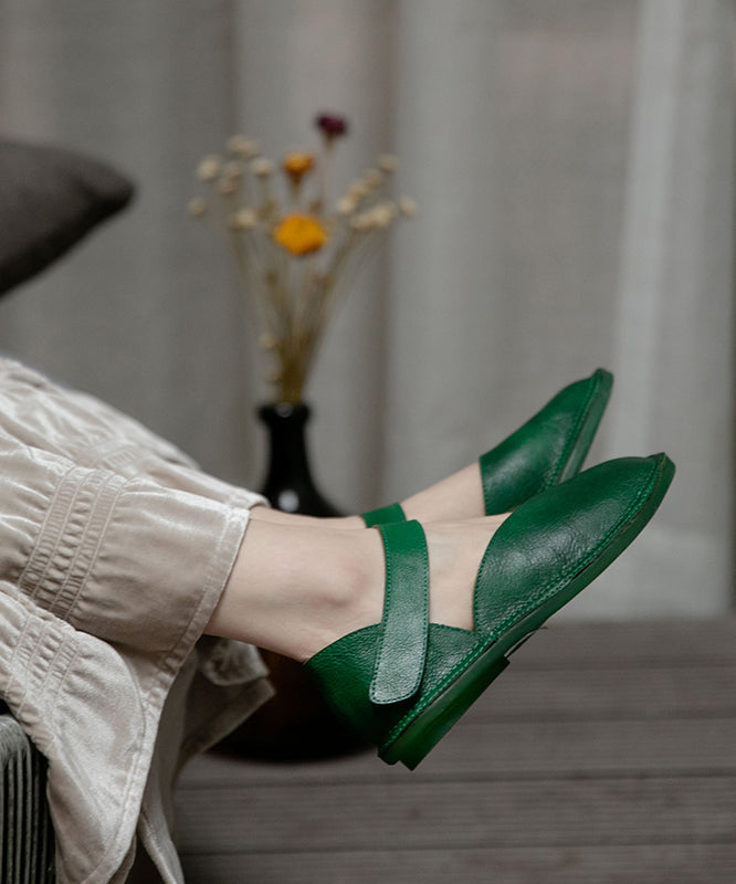 Comfy Green Flats Cowhide Leather Handmade Buckle Strap Flat Shoes