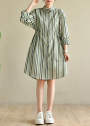 Comfy Green Striped Chiffon Cinched Summer Dress - SooLinen