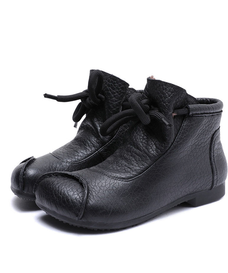 Comfy Lace Up Boots Black Warm Fleece Lined Cowhide Leather Shelsea