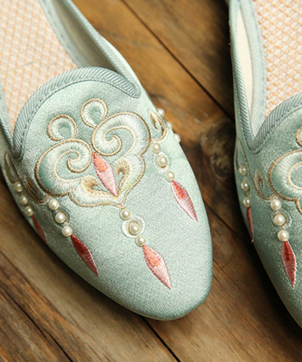Comfy Light Green Embroidered Pearl Cotton Fabric Slide Sandals