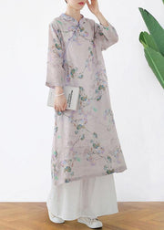 Comfy Light Purple Print Oriental Ramie Maxi Dresses Fall - SooLinen