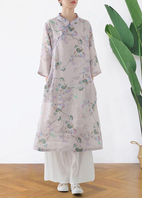 Comfy Light Purple Print Oriental Ramie Maxi Dresses Fall - SooLinen