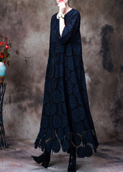 Comfy Navy O-Necktie waist Lace  Fall Long sleeve Holiday Dress