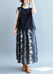 Comfy Navy Pockets Tie Waist Print Fall Floral Skirts - SooLinen