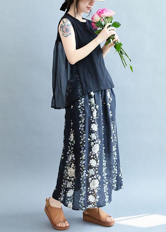 Comfy Navy Pockets Tie Waist Print Fall Floral Skirts - SooLinen