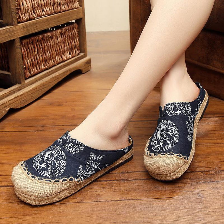 Comfy Navy Print Linen Fabric Slippers Shoes - SooLinen