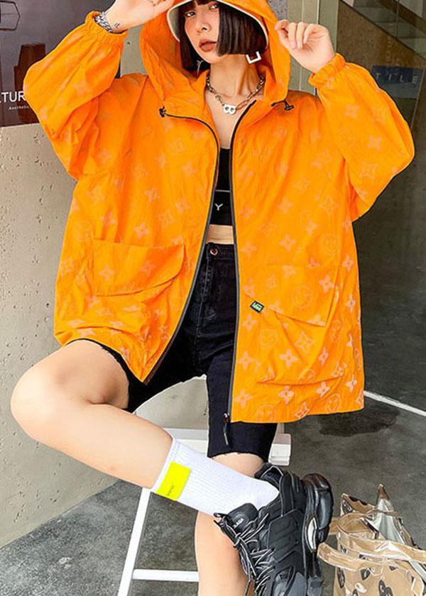 Comfy Orange Print UPF 50+ Coat Jacket Hooded Hoodie Coat - SooLinen