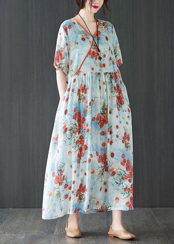 Comfy Orange Print V Neck Summer Short Sleeve Dresses - SooLinen