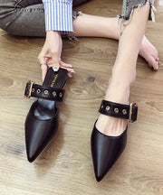 Comfy Pointed Toe Chunky Black Faux Leather Slide Sandals