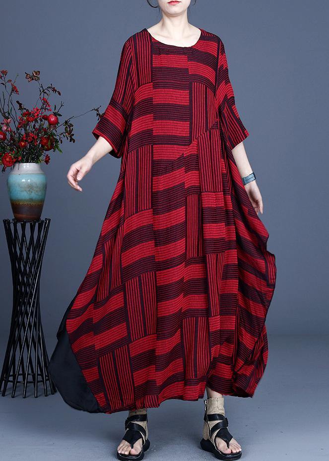 Comfy Red Striped asymmetrical design Maxi Summer Cotton Linen Dress - SooLinen