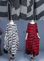 Comfy Red Striped asymmetrical design Maxi Summer Cotton Linen Dress - SooLinen