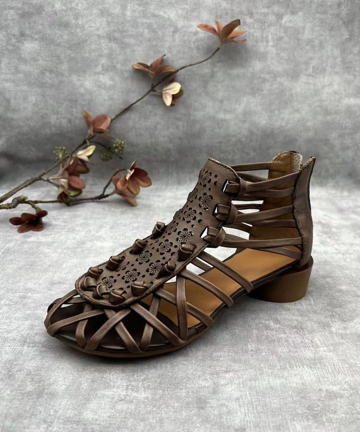 Comfy Splicing Chunky Sandals Coffee Hollow Out Cowhide Leather