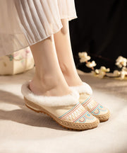 Comfy Splicing Women Beige Fuzzy Wool Lined Slippers Shoes