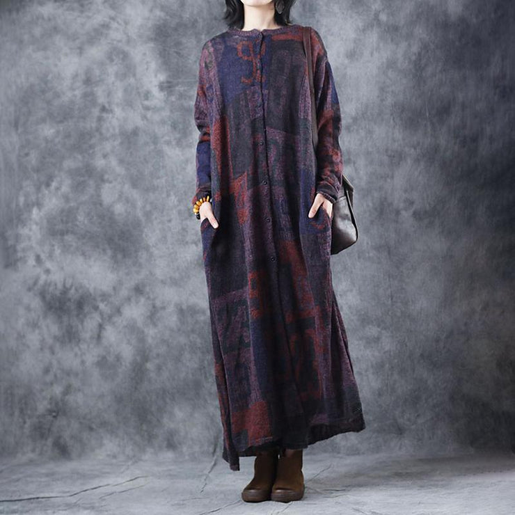 Bequemes Pullover-Kleid-Outfit Damen-Strickdruck-Split-Plissee-Frühlings-Maxikleid