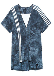 Comfy Tie Dye Blue zippered V Neck Dresses Summer - SooLinen