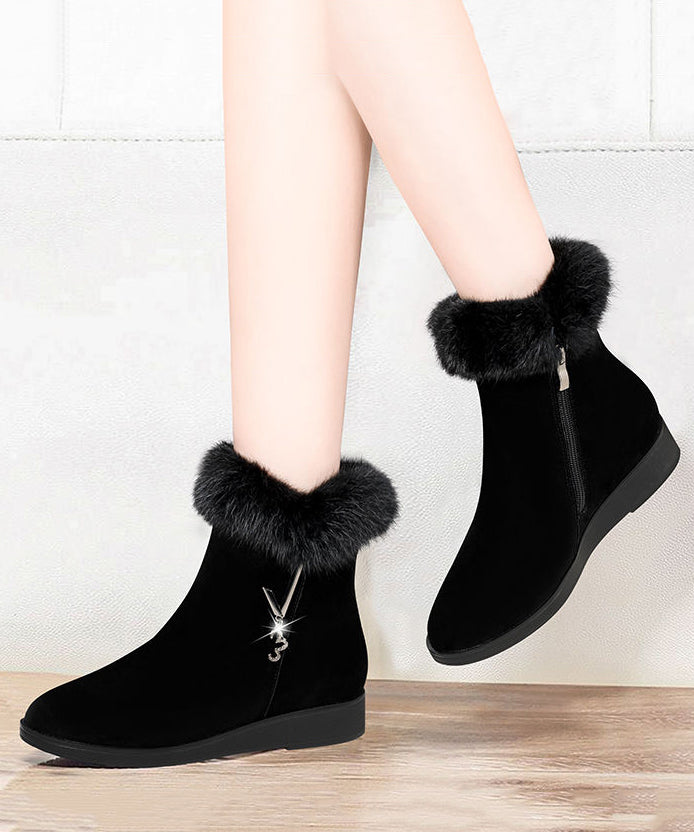 Comfy Warm Wedge Boots Black Fuzzy Wool Lined