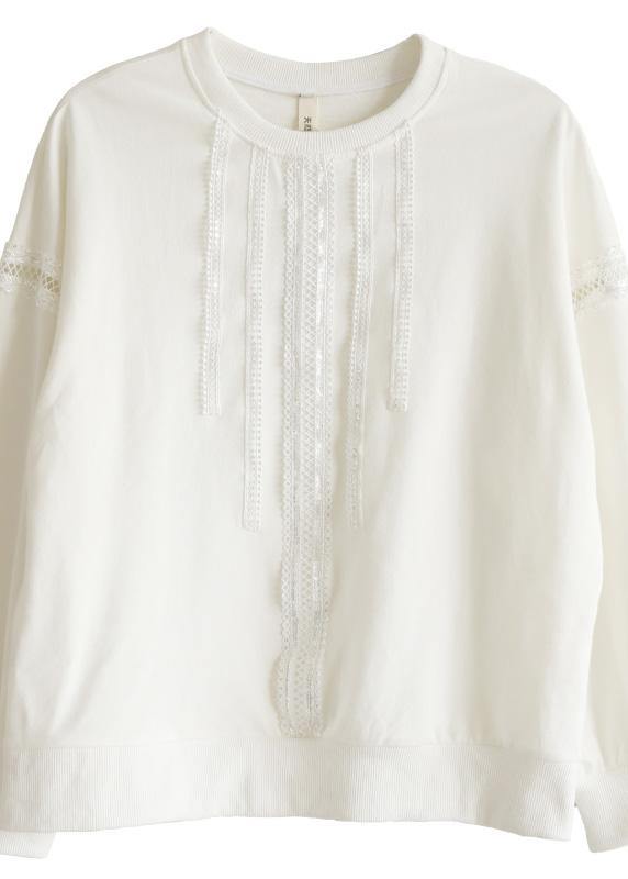 Comfy White Cotton Long sleeve Loose Sweatshirts Top - SooLinen