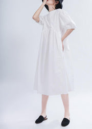 Comfy White Puff Sleeve Long Summer Cotton Dress - SooLinen