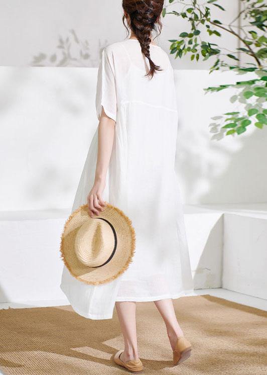 Comfy White Tie Waist Patchwork Summer Ramie Vacation Dresses Half Sleeve - SooLinen