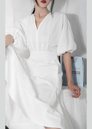 Comfy White V Neck Cotton Lantern sleeve Summer Dress - SooLinen